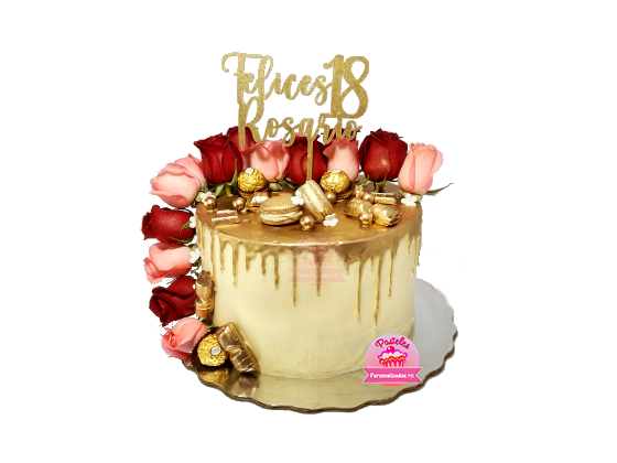 PASTEL DE DRIP DORADO CON SERIE DE ROSAS